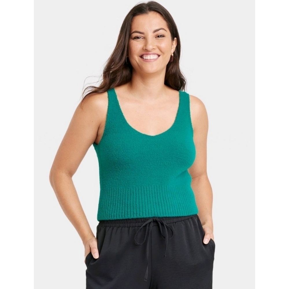 A New Day Vneck Fuzzy Sweater Tank Green Size M
